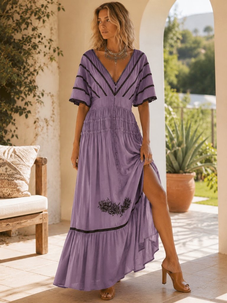 Chasing Unicorns Butterfly Cutwork Embroidered Duster Maxi Dress Fair Orchid M